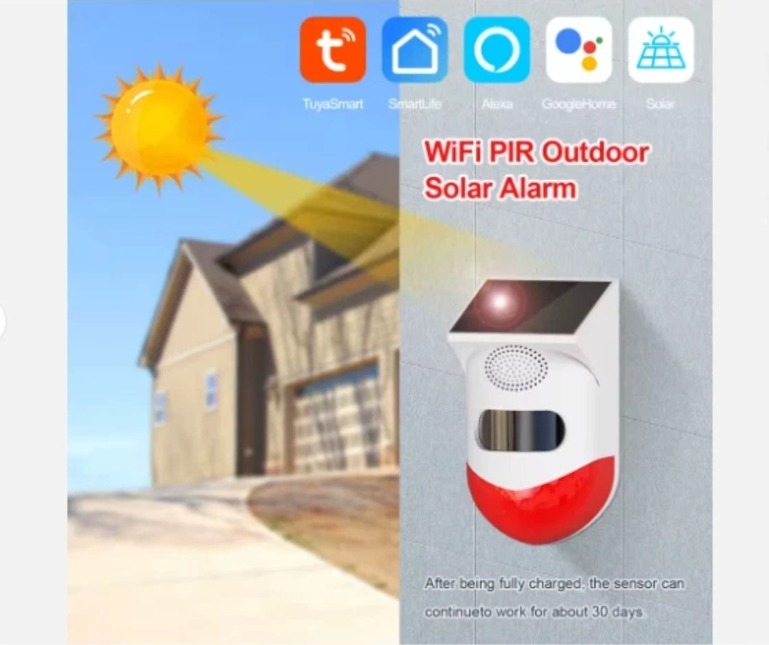 Sensore IR movimento per esterno WiFi Tuya sirena integrata a batteria e solare