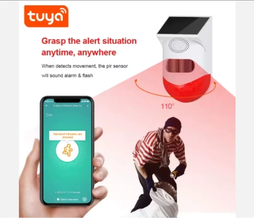 Sensore IR movimento per esterno WiFi Tuya sirena integrata a batteria e solare